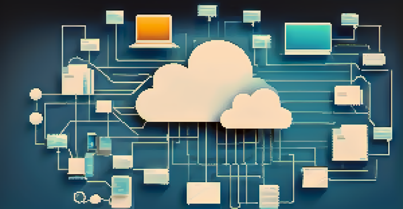 An abstract digital representation of file sharing with interconnected cloud storage icons against a blue gradient background.