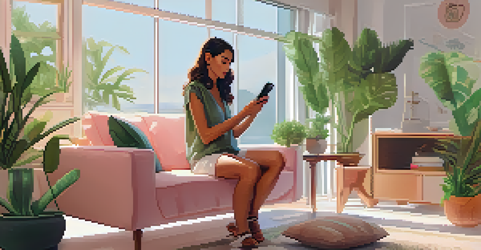 A person in a living room looking worried while checking their smartphone, with a warning symbol above.