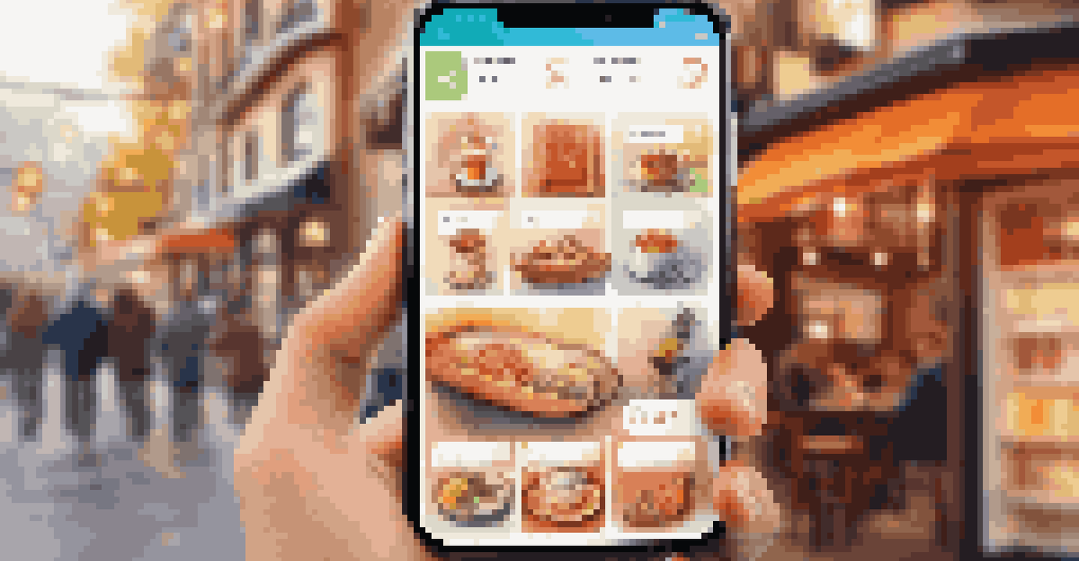 A smartphone displaying a colorful mobile app interface in a cozy café setting.