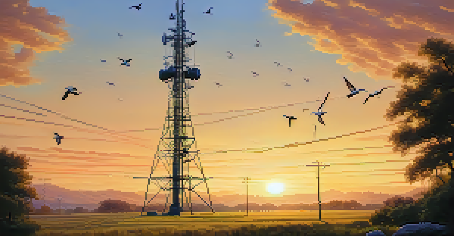 A peaceful nature scene with wildlife and a 5G cell tower in the background, showcasing the balance between technology and nature.