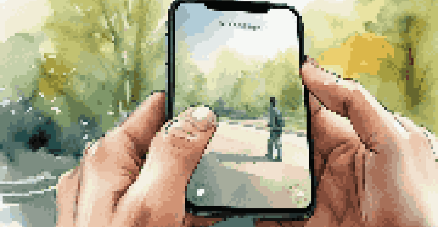 A close-up of a person's hands using a smartphone app, set against a blurred outdoor background.