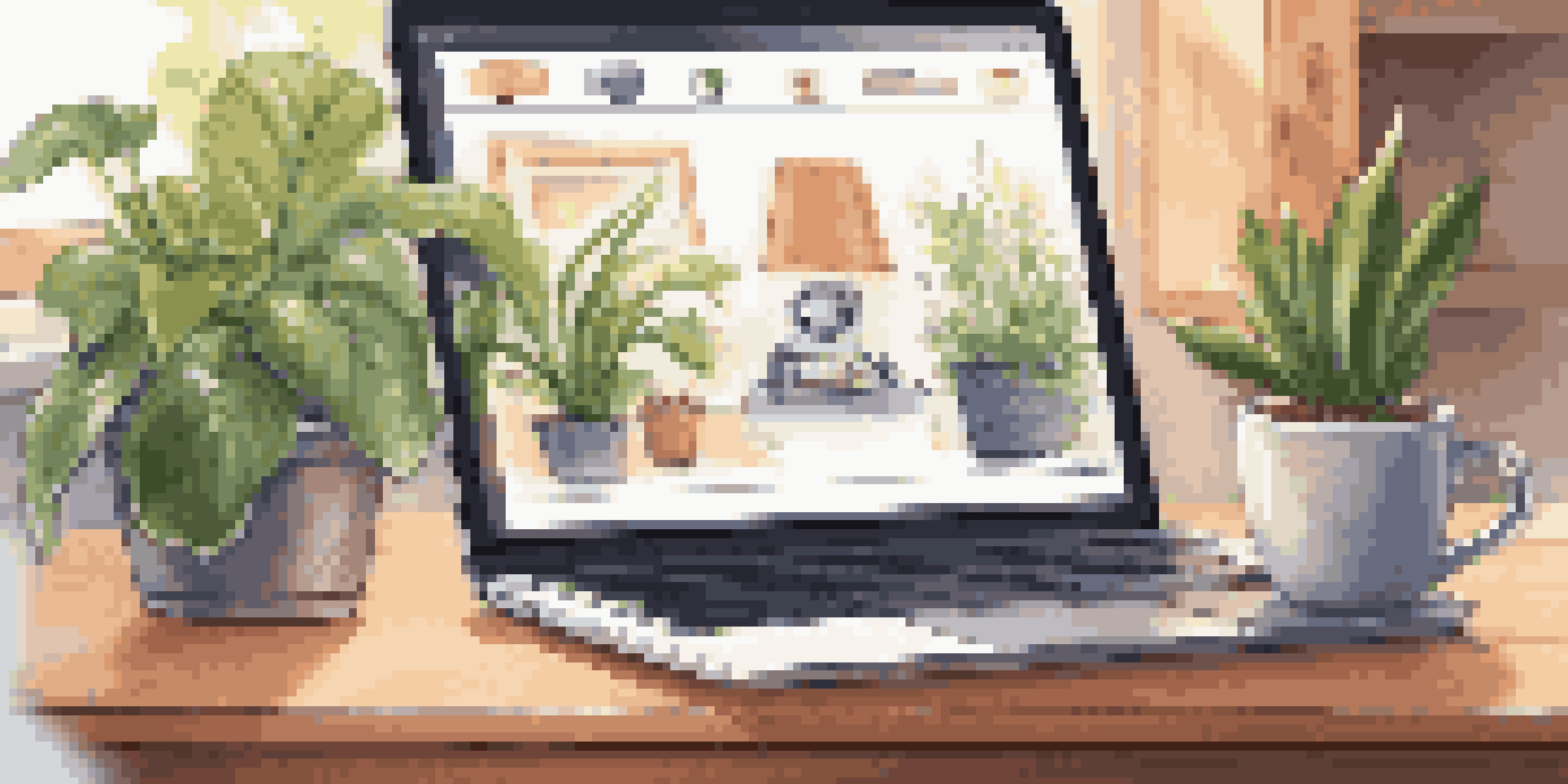 A cozy home office with a laptop displaying a chatbot interface, surrounded by plants and a coffee cup, illuminated by warm sunlight.