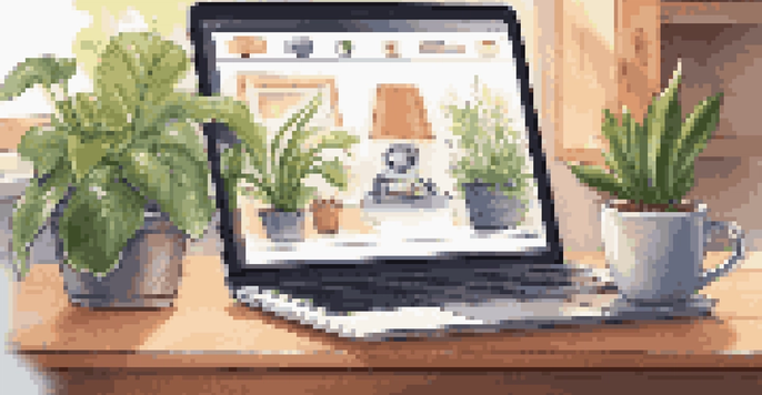 A cozy home office with a laptop displaying a chatbot interface, surrounded by plants and a coffee cup, illuminated by warm sunlight.