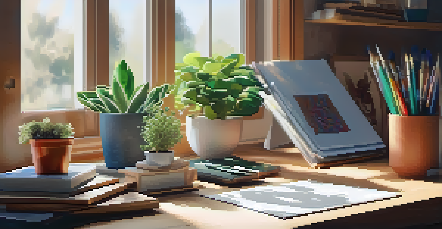 A creative workspace with art supplies, a drawing tablet, and natural light coming through a window.