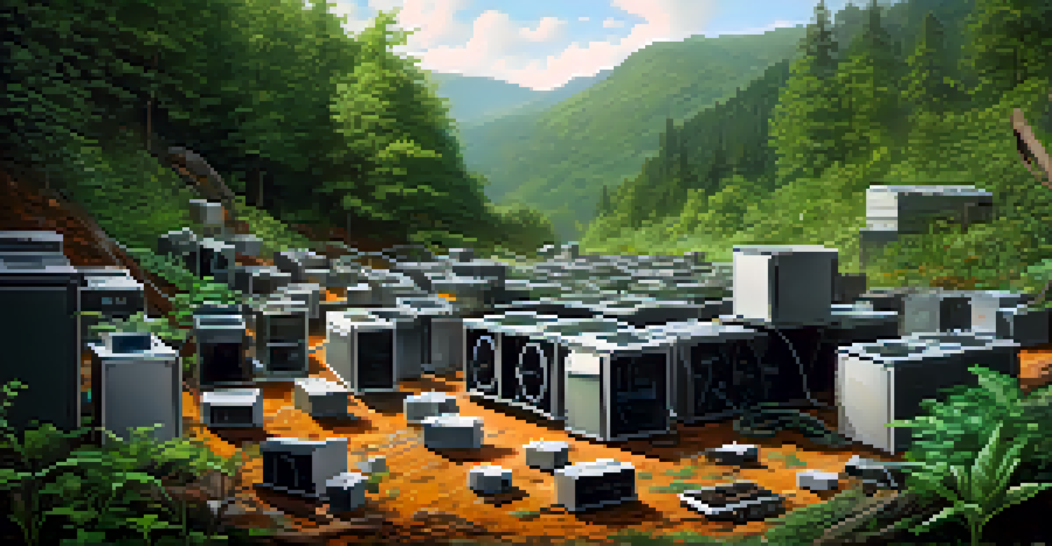A scene showing electronic waste from blockchain mining, featuring discarded mining rigs amidst a natural setting, emphasizing the need for responsible waste management.