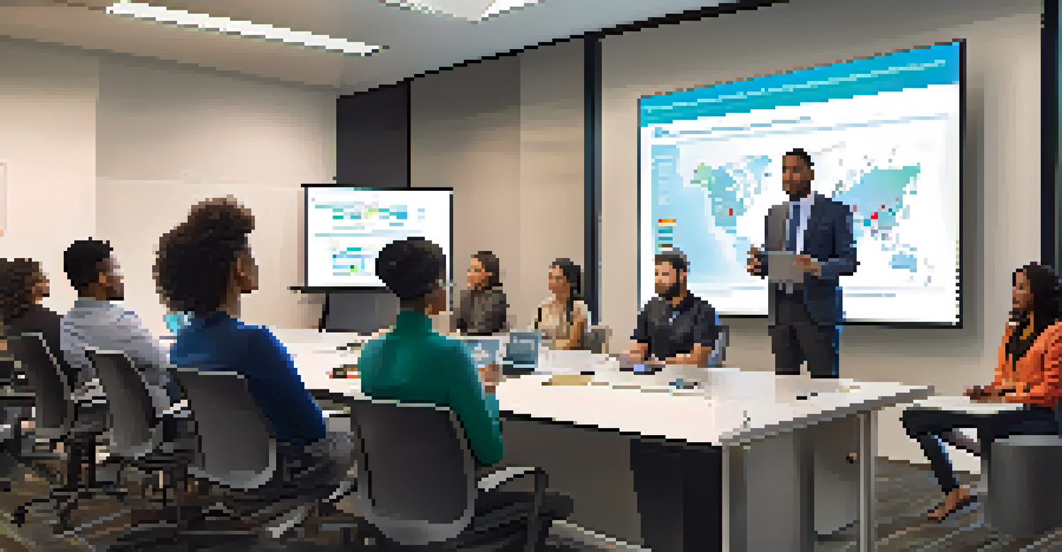 An instructor leading a cybersecurity training session with engaged employees in a modern conference room.