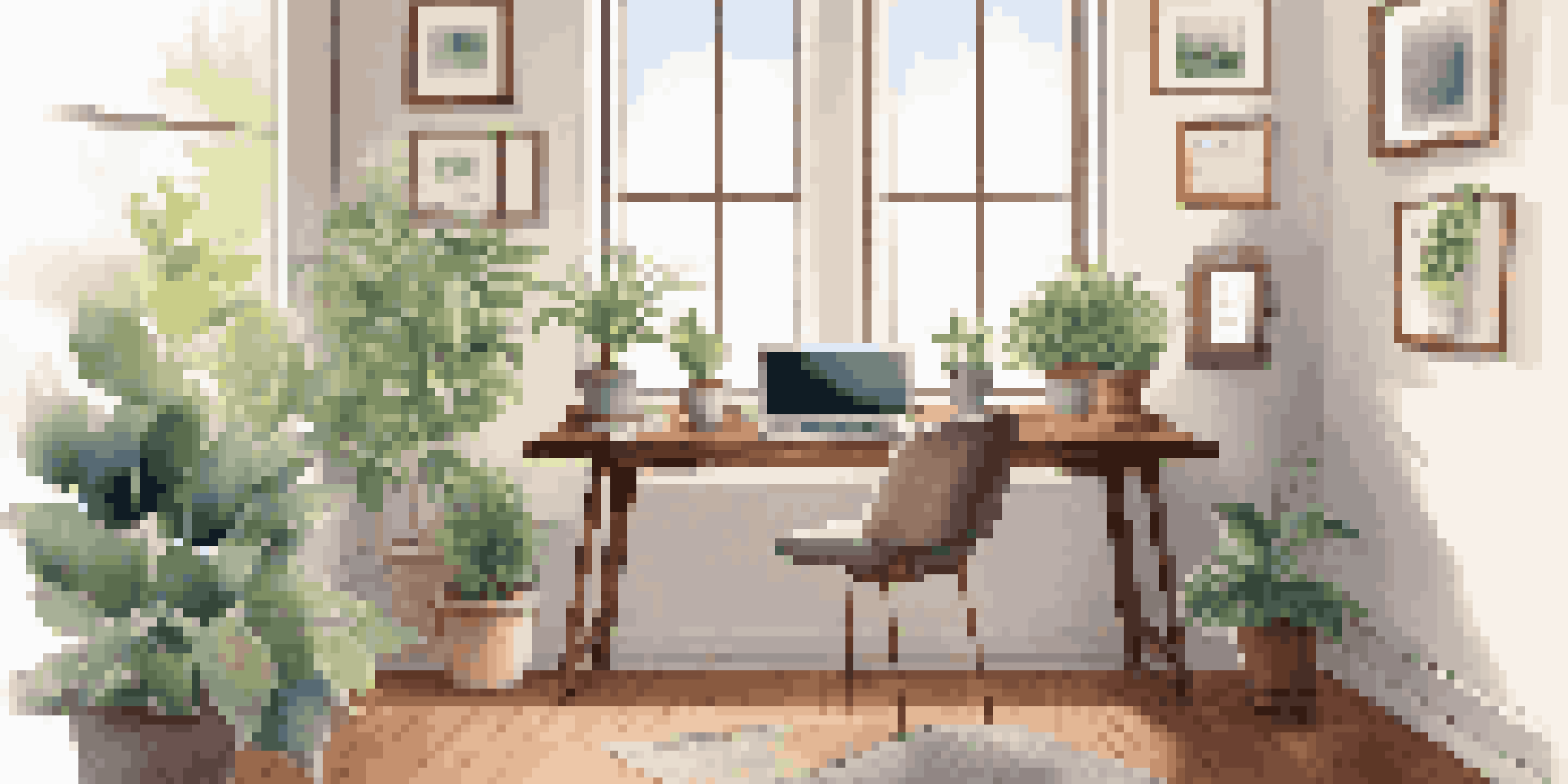 A peaceful home office with a laptop on a desk, a potted plant, and a cup of herbal tea, illuminated by natural light from a window.