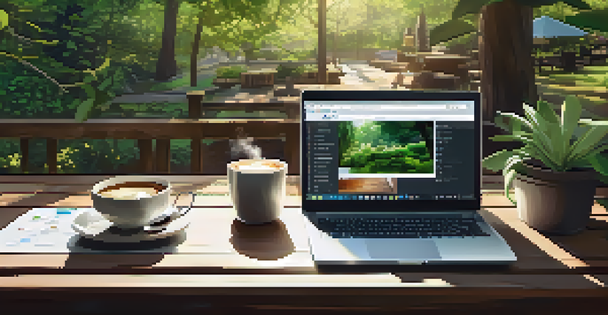 A peaceful outdoor workspace with a wooden desk, laptop showing analytics, and coffee, surrounded by greenery.