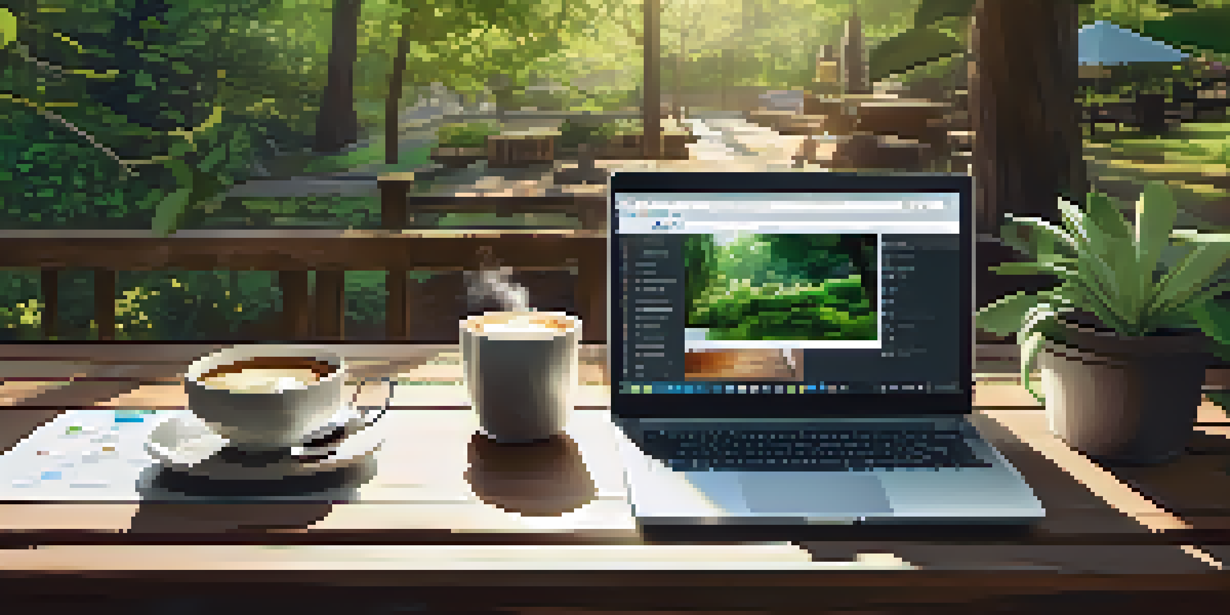 A peaceful outdoor workspace with a wooden desk, laptop showing analytics, and coffee, surrounded by greenery.