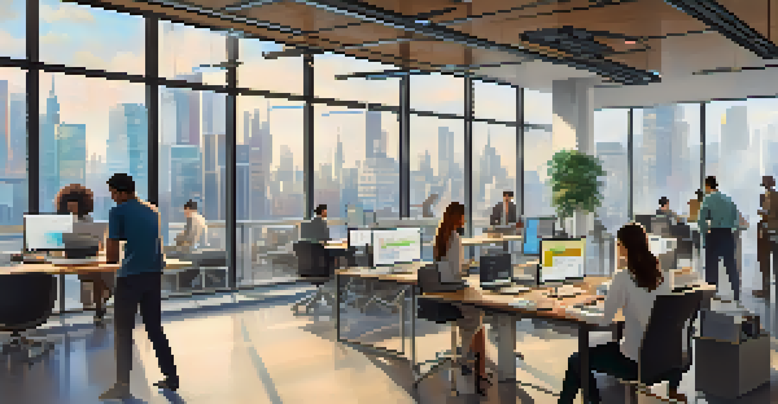 A collaborative office space with professionals using AI tools for data management, emphasizing teamwork in ensuring data privacy.