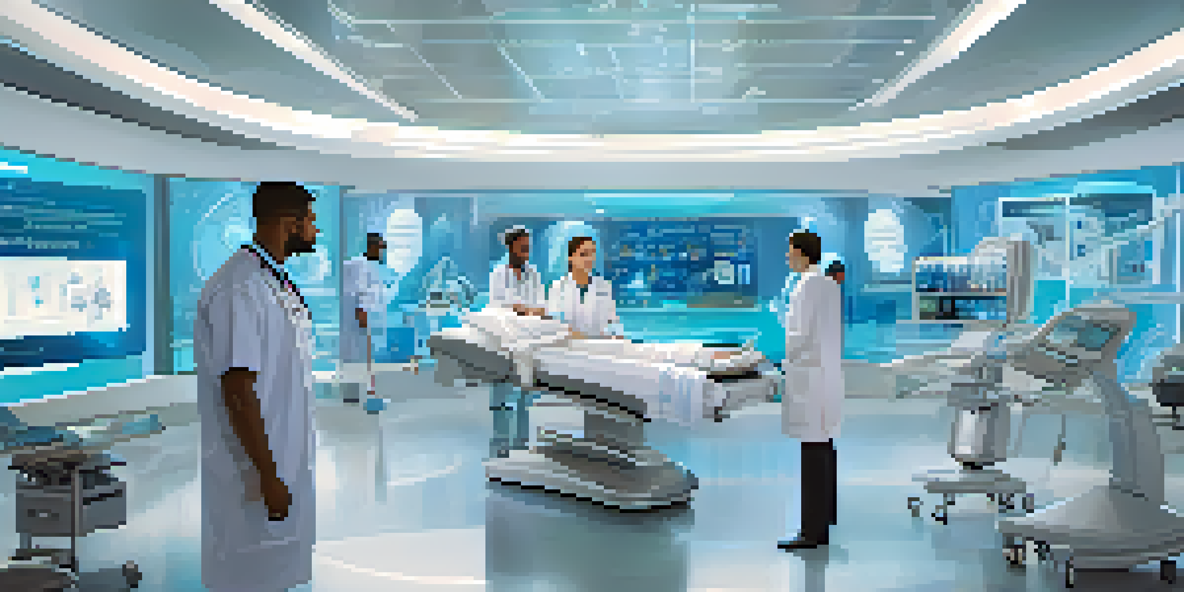 A modern healthcare environment showcasing medical professionals working with AI technology, surrounded by advanced equipment and patient data displays.