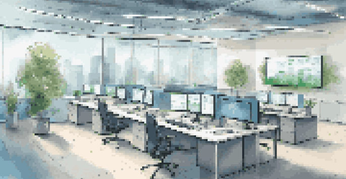 An office space featuring multiple screens illustrating hybrid cloud technology, with modern furniture and natural light.