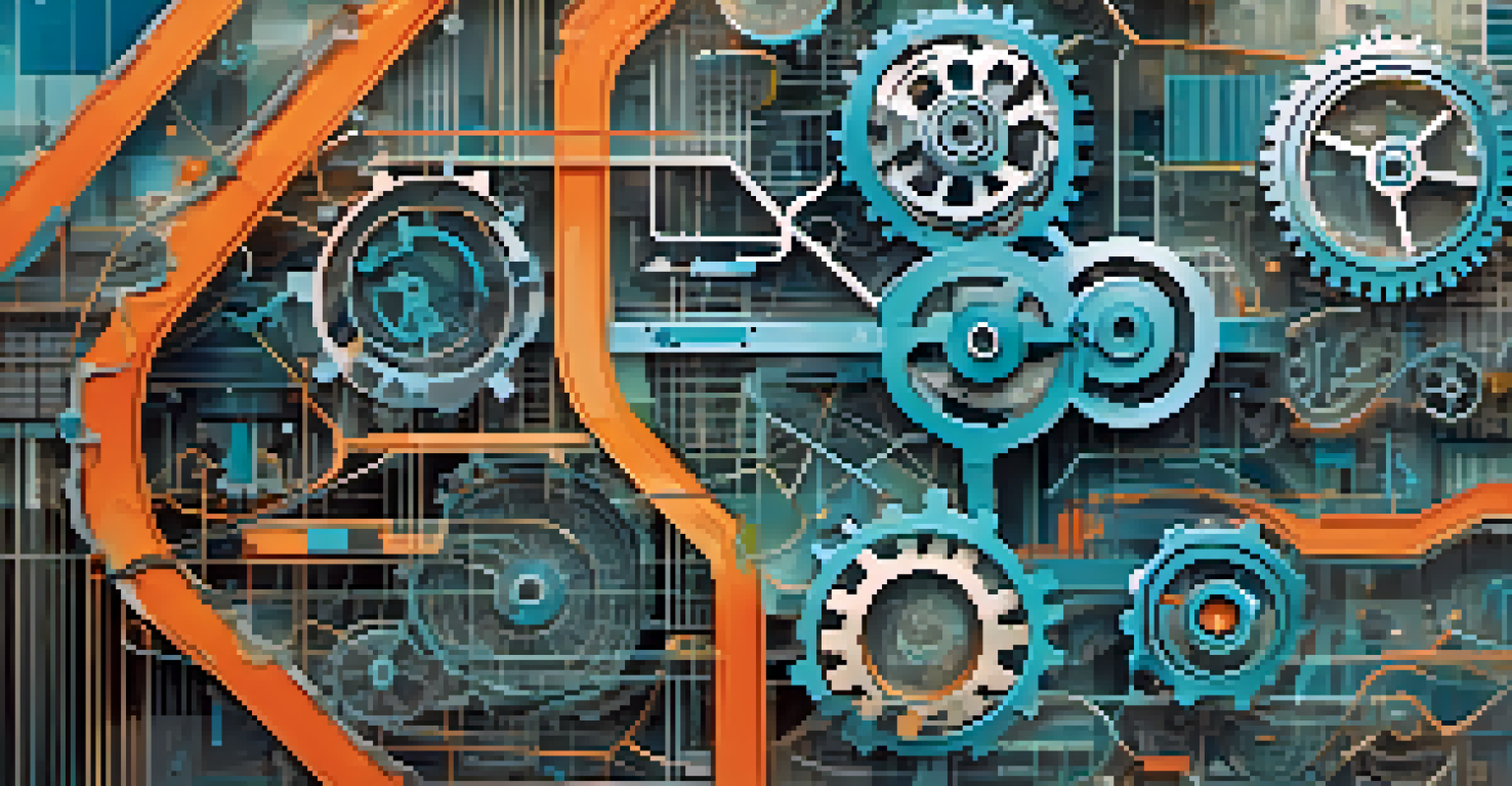 An abstract illustration of Site Reliability Engineering, depicting interconnected gears and cloud icons with data streams and graphs in vibrant colors.
