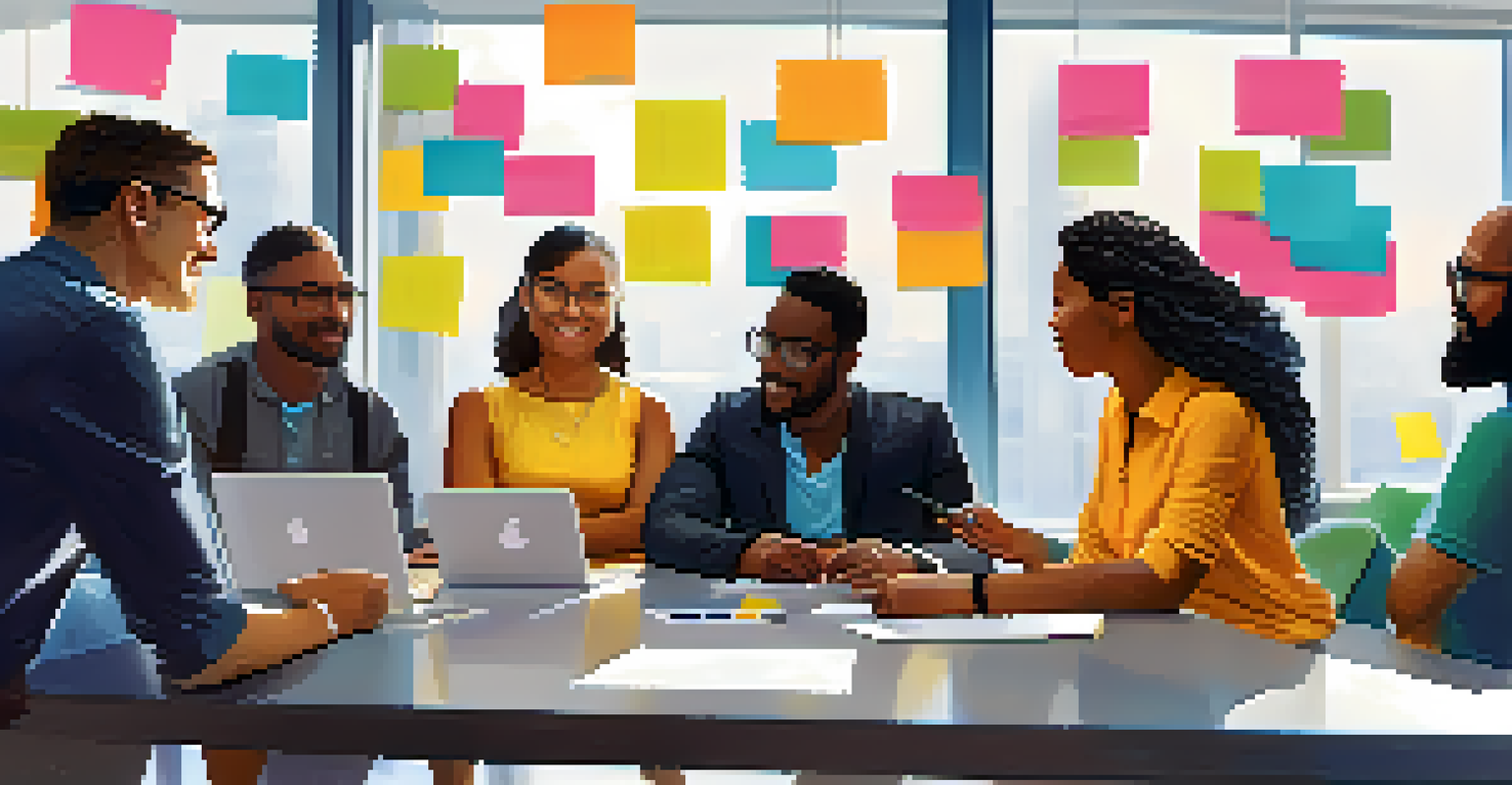 A diverse group of people discussing app features around a conference table with laptops and colorful post-it notes in a well-lit room.