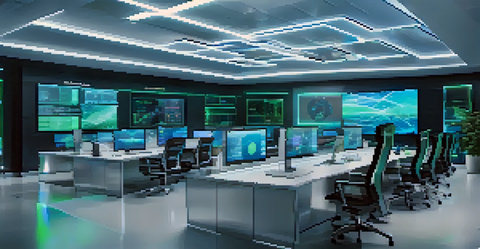 A modern office with professionals collaborating around a table, large screens displaying real-time data analytics, and soft blue and green lighting.