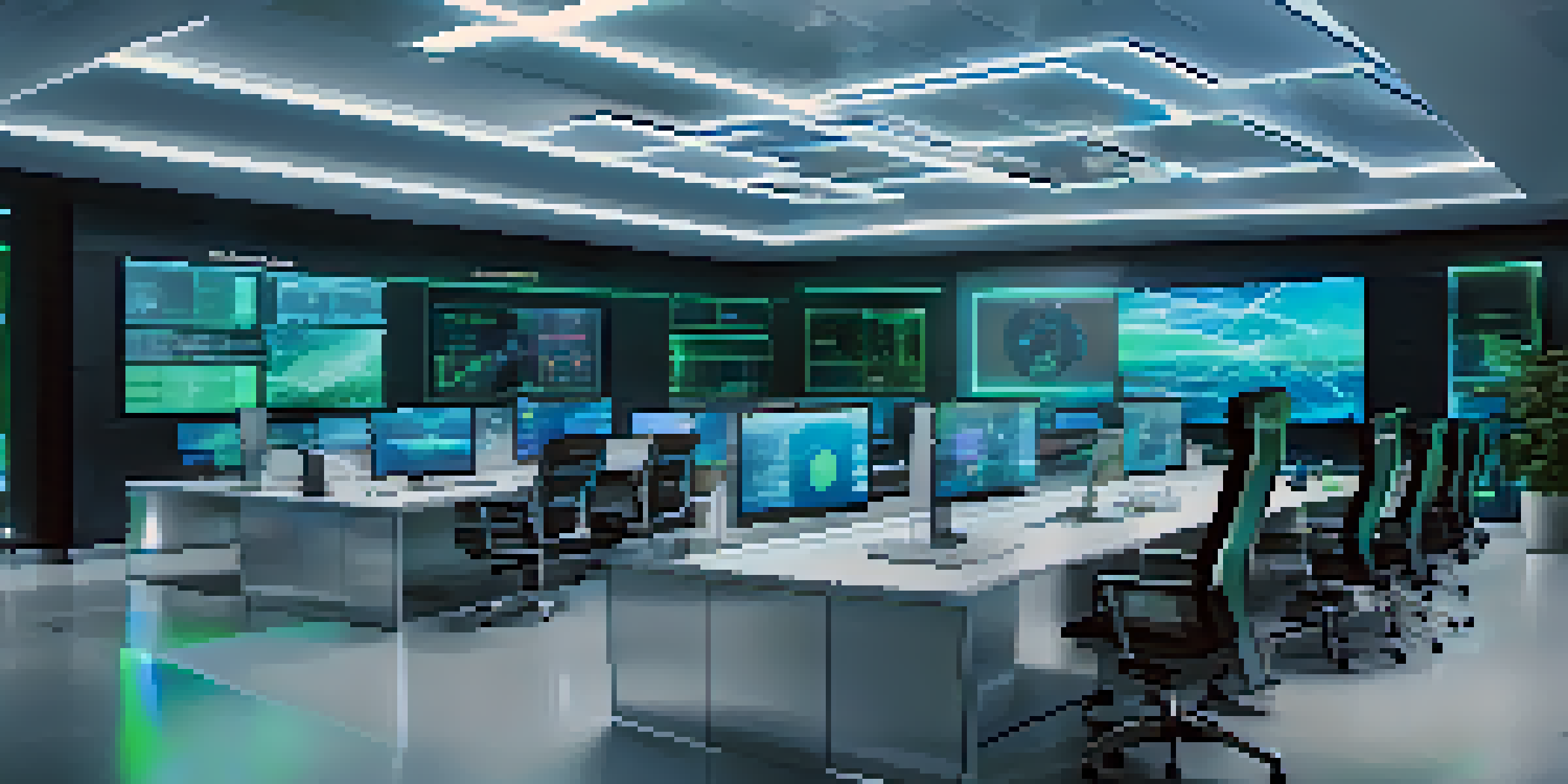 A modern office with professionals collaborating around a table, large screens displaying real-time data analytics, and soft blue and green lighting.
