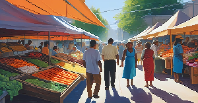 A lively market filled with diverse people, colorful stalls of fresh produce, and local crafts under a sunny canopy.
