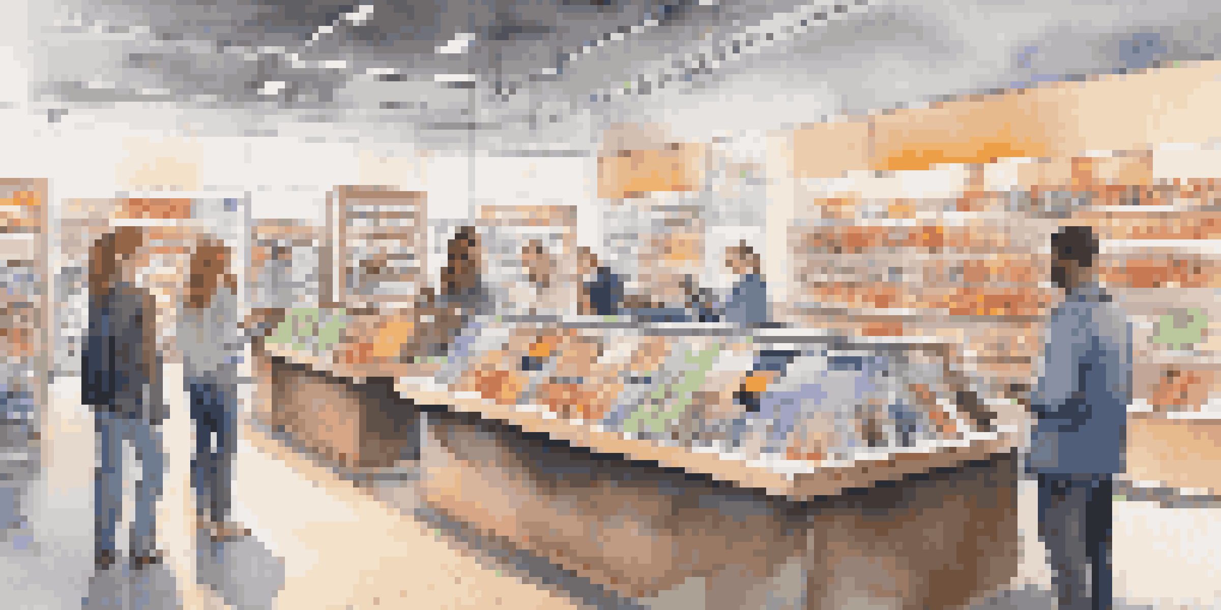 Retail employees using tablets to analyze data in a bright and inviting store environment.
