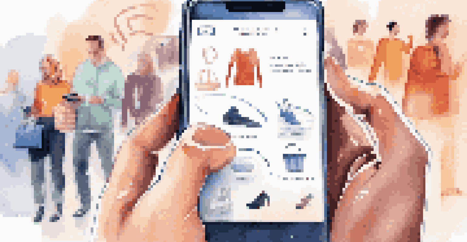 A person using a smartphone for voice command shopping, with sound waves visible around the phone.