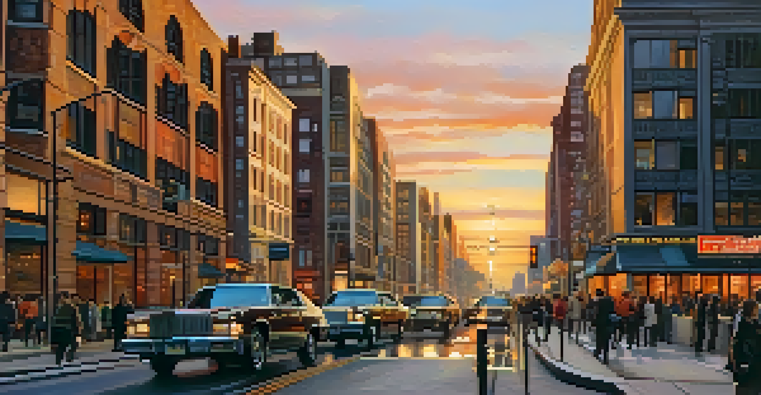 A lively city street at sunset with people, cars, and tall buildings reflecting warm colors of the sky, illuminated streetlights creating a charming atmosphere.