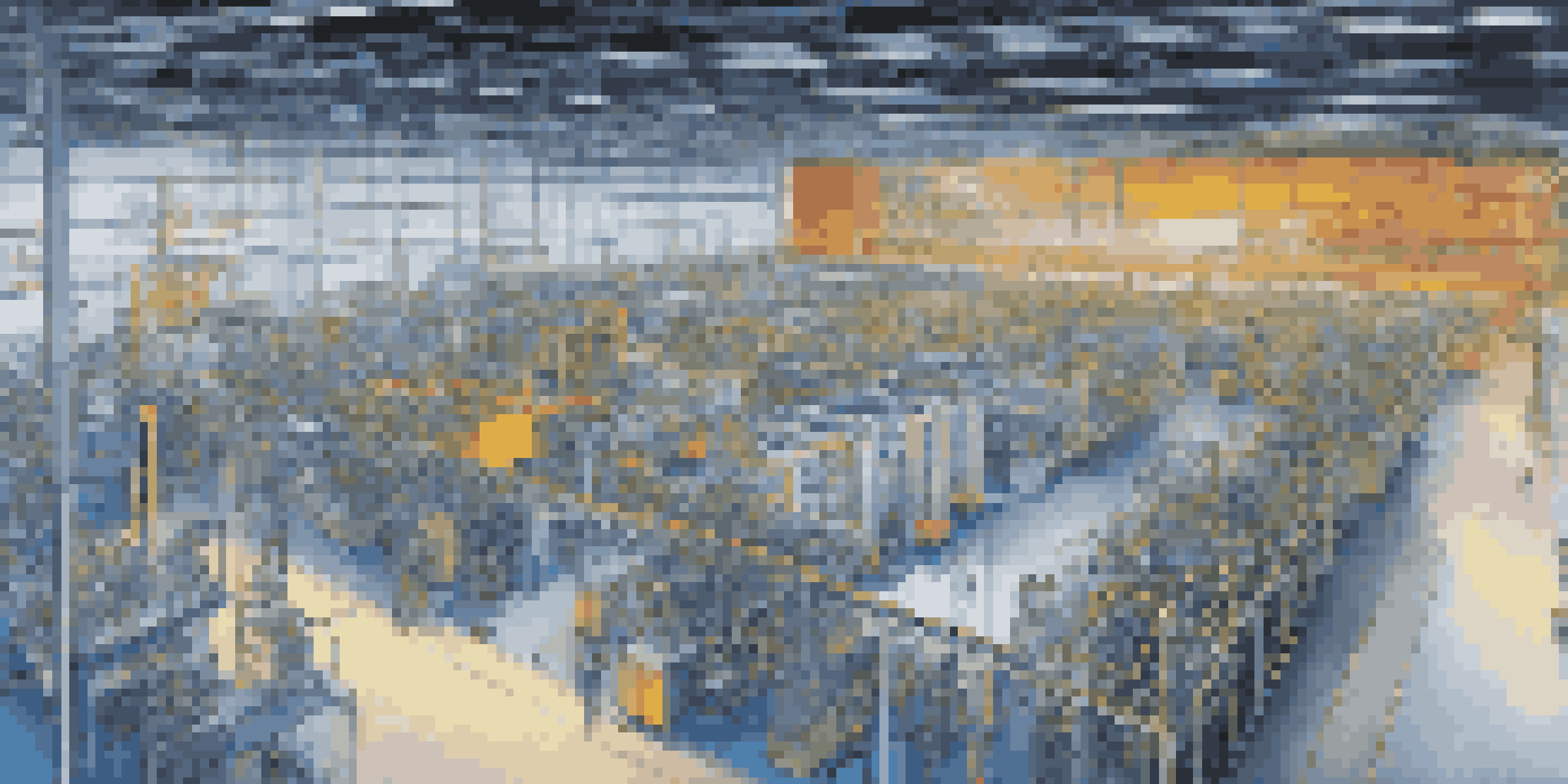 A high-tech digital twin representation of a manufacturing floor with physical machines and their virtual counterparts, illuminated with bright, soft lighting.