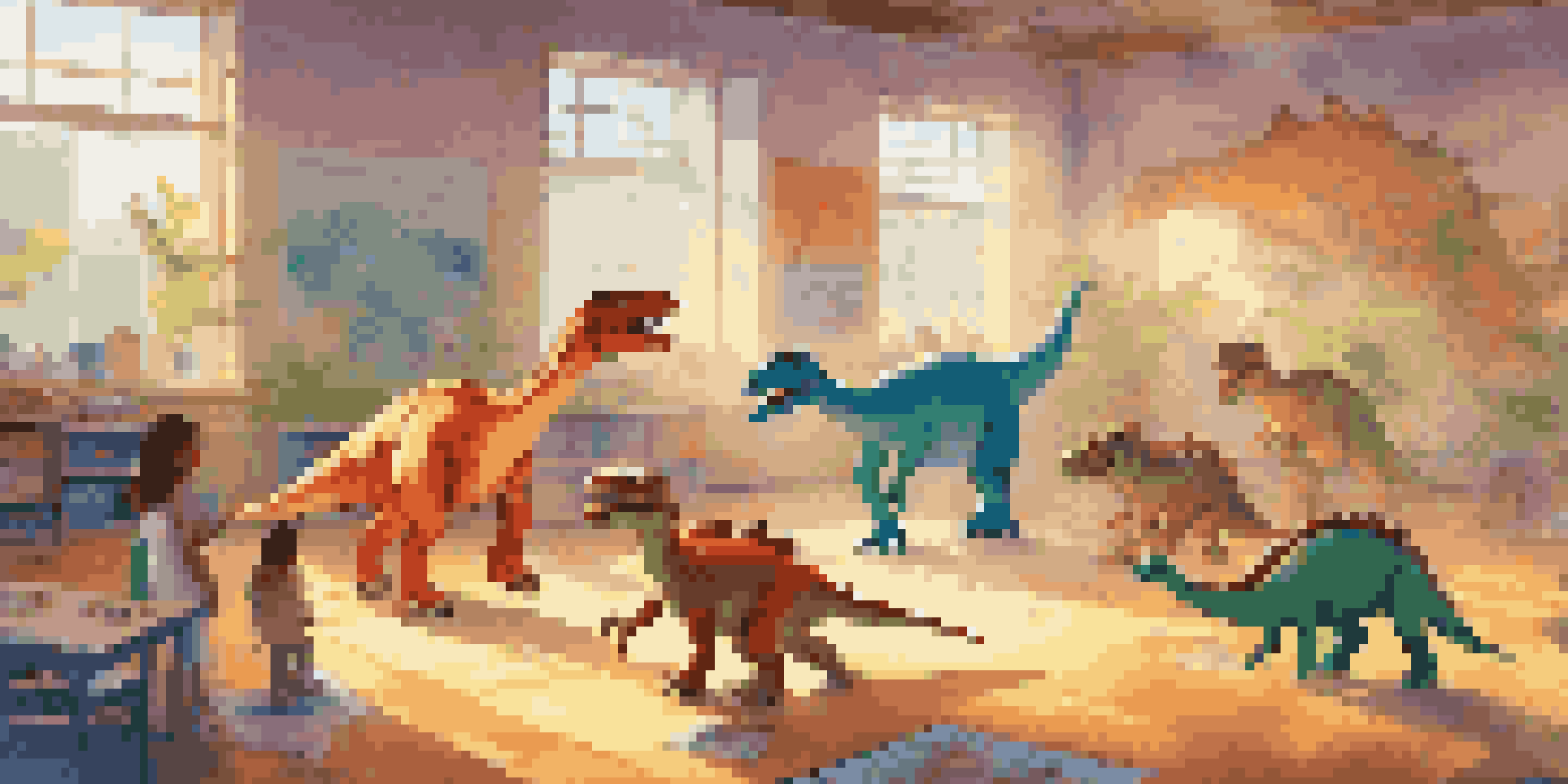 A classroom full of kids wearing augmented reality glasses, interacting with virtual dinosaurs in a bright and colorful environment.