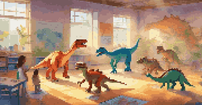 A classroom full of kids wearing augmented reality glasses, interacting with virtual dinosaurs in a bright and colorful environment.