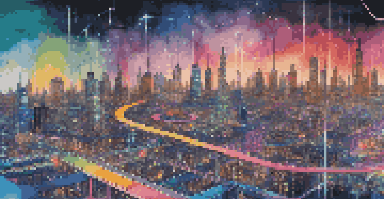 An artistic visualization of machine learning, showcasing vibrant data streams in a futuristic city setting.