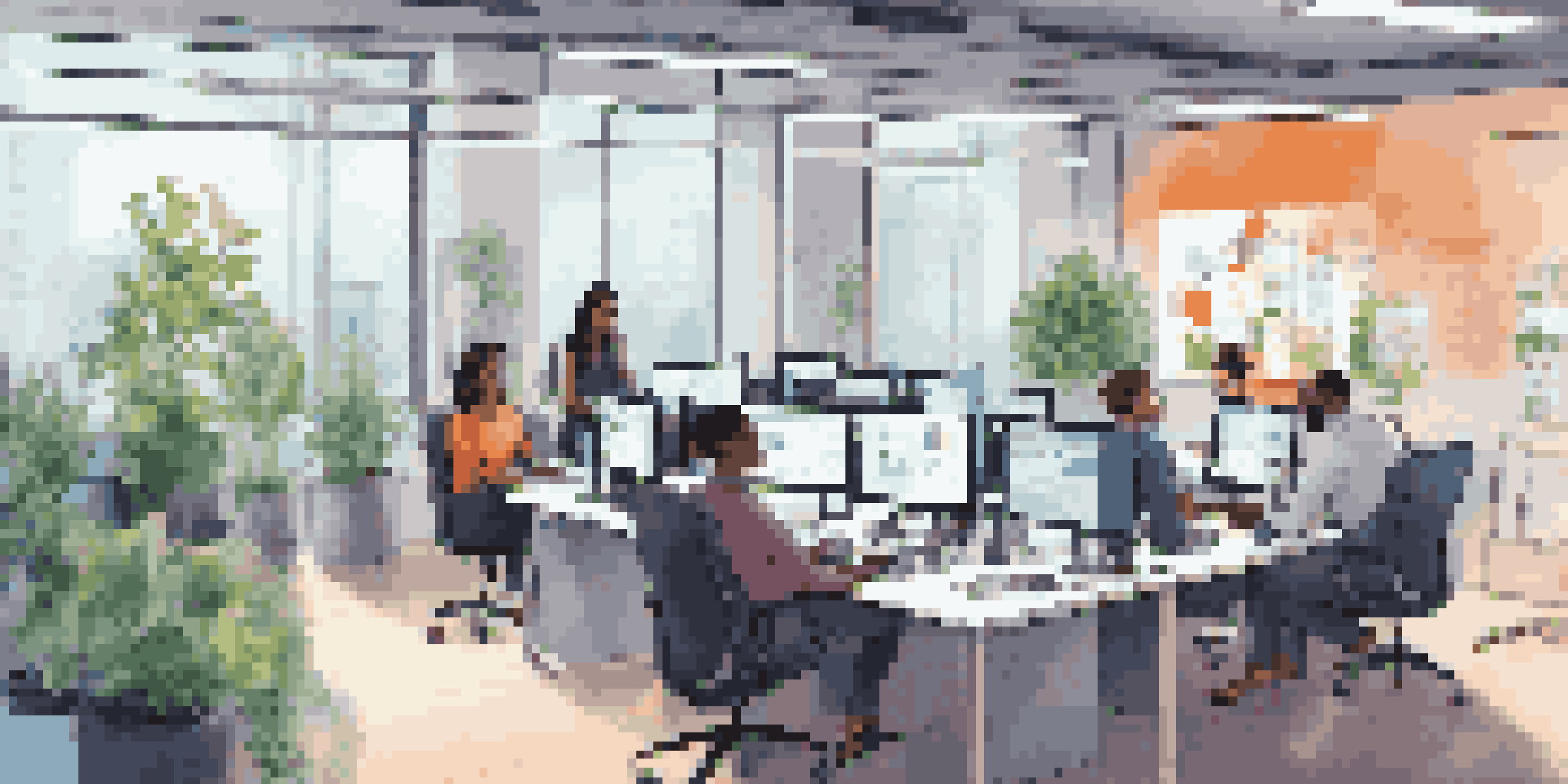 A diverse team in a modern office working collaboratively using ChatOps tools on computers, with bright lighting and plants in the environment.