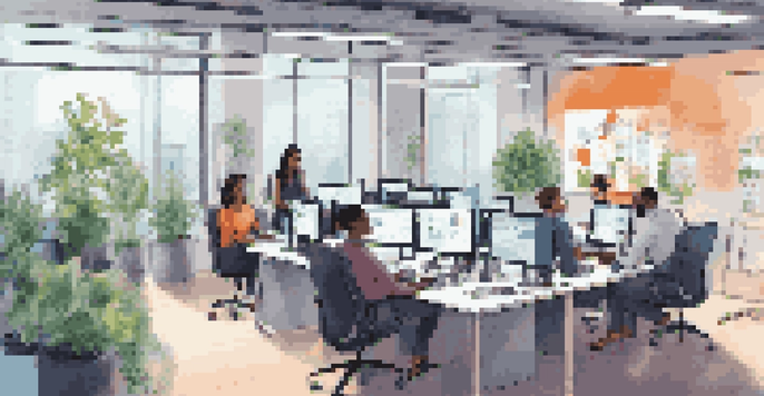 A diverse team in a modern office working collaboratively using ChatOps tools on computers, with bright lighting and plants in the environment.