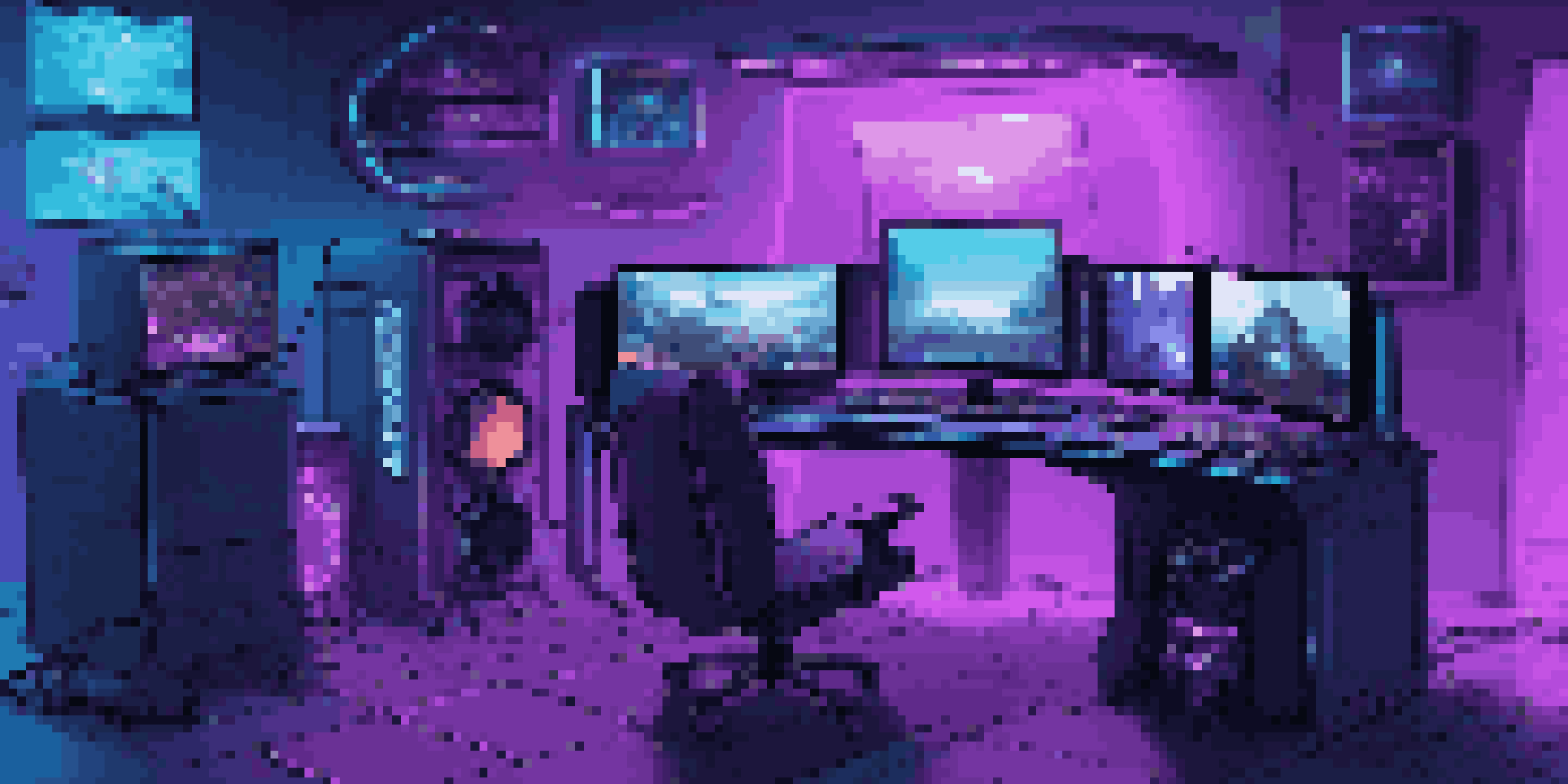 A modern gaming setup with a curved monitor, neon lighting, and gaming peripherals in a dimly lit room.