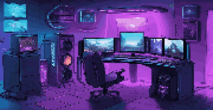 A modern gaming setup with a curved monitor, neon lighting, and gaming peripherals in a dimly lit room.