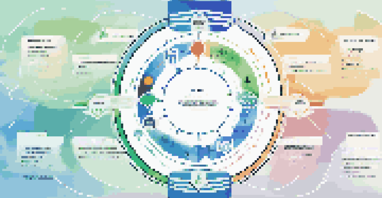 An abstract circular flowchart representing Agile development with colorful arrows and icons, set against a gradient blue and green background.