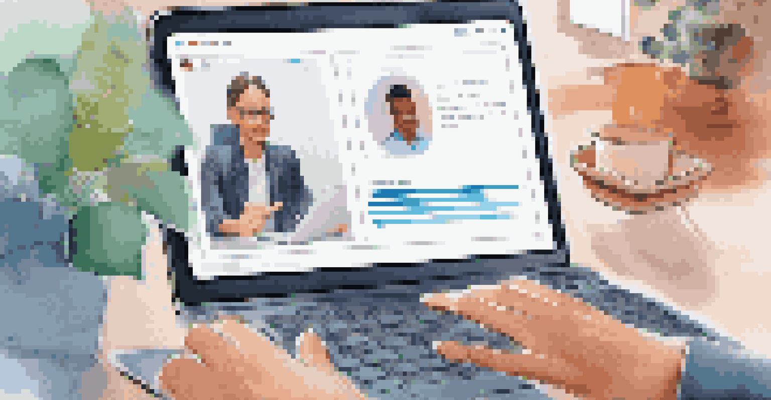 Close-up of hands on a laptop keyboard with a digital collaboration tool interface and blurred images of team members in the background.