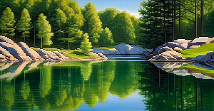 A peaceful lake surrounded by green mountains, with clear blue skies and sunlight filtering through the trees.