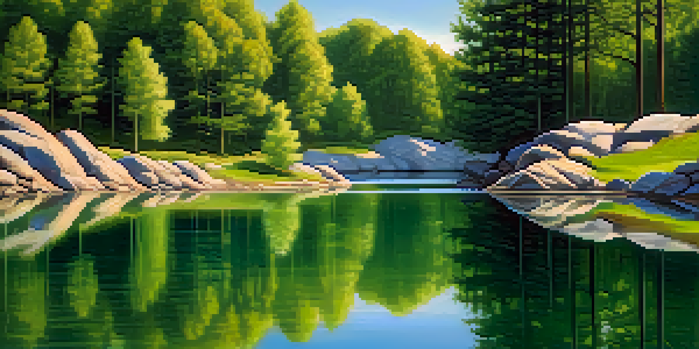 A peaceful lake surrounded by green mountains, with clear blue skies and sunlight filtering through the trees.