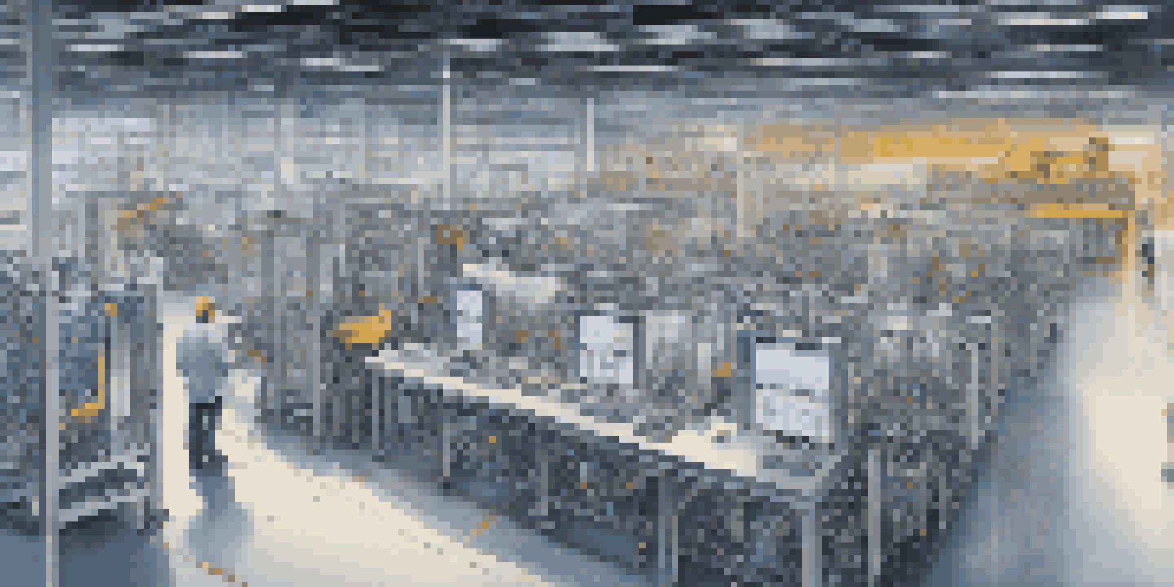 A modern manufacturing floor showcasing digital twin technology, with screens displaying data and machines in action.