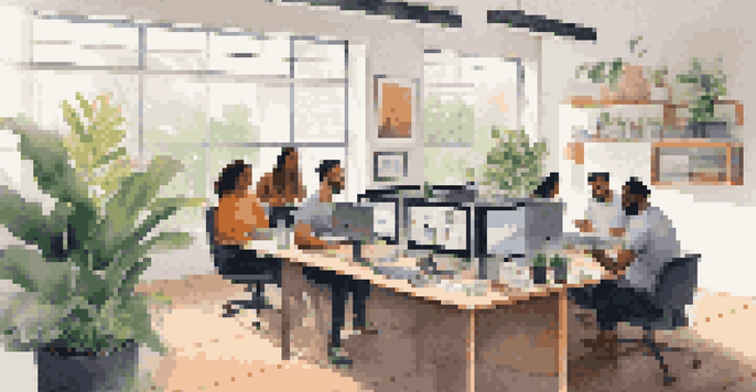 A diverse team collaborating through video calls in a bright home office with a sunny view outside.