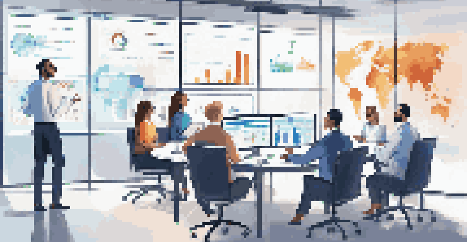 A diverse team in a modern office discussing data governance, surrounded by charts and digital screens, emphasizing accountability and collaboration.