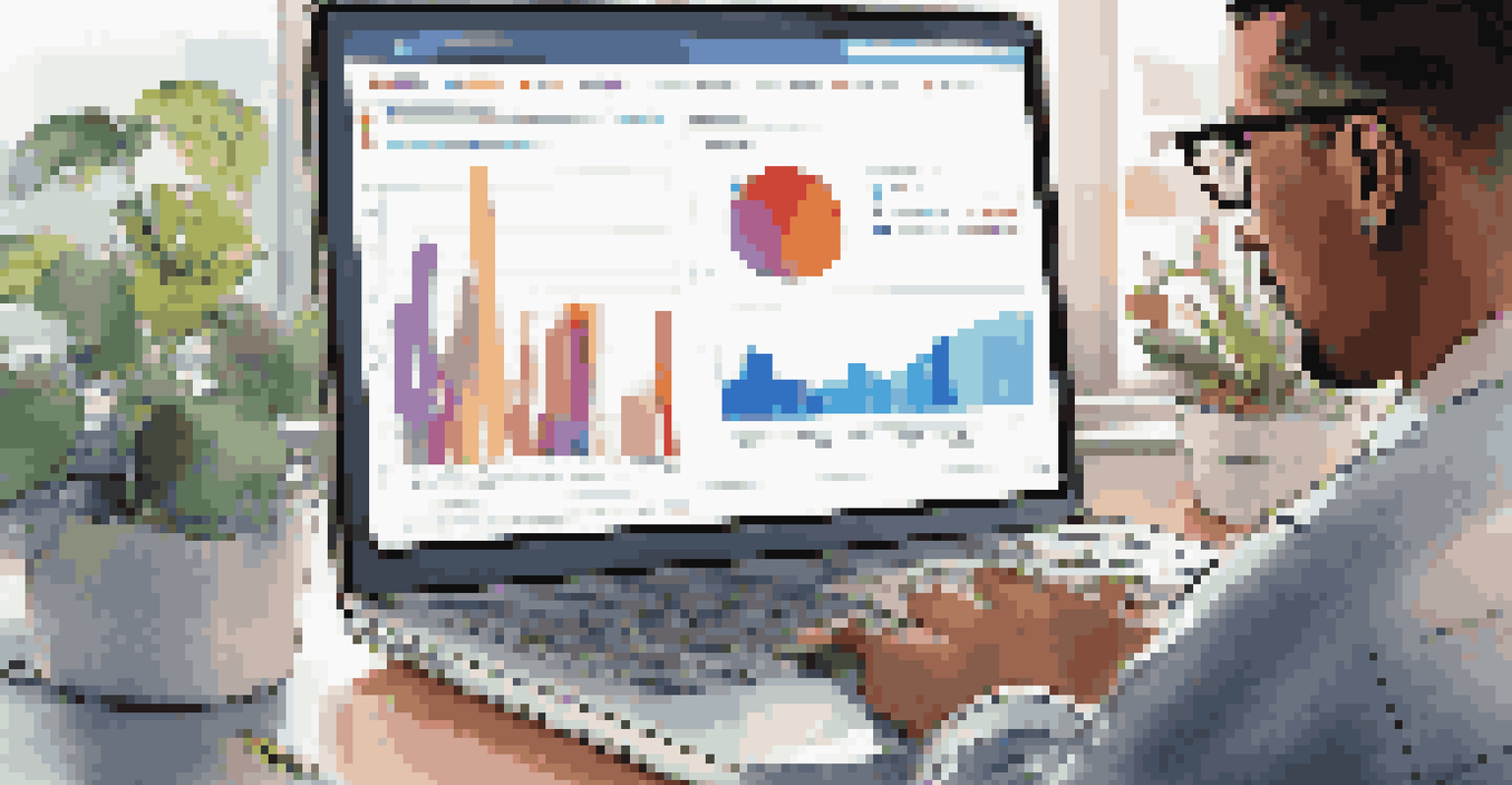 A person analyzing social media data on a laptop in a modern workspace with charts on the screen.