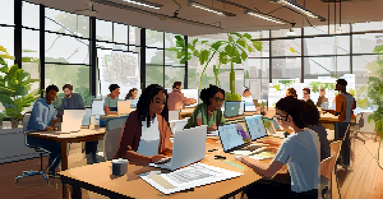 Diverse team members collaborating on a software project around a table with laptops and sketches.