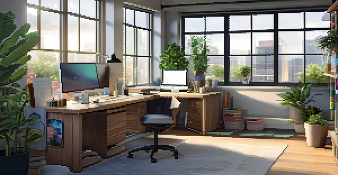 A bright and organized office space with a large desk, computer, and colorful charts on the walls, illuminated by natural light.