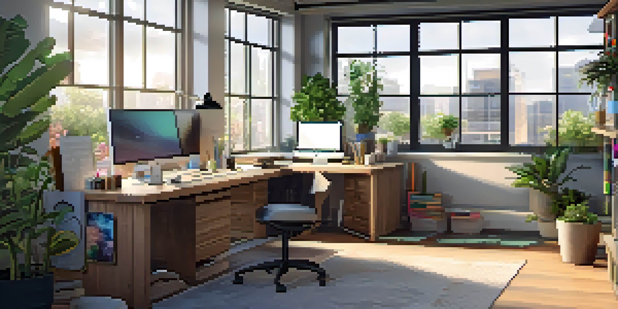 A bright and organized office space with a large desk, computer, and colorful charts on the walls, illuminated by natural light.