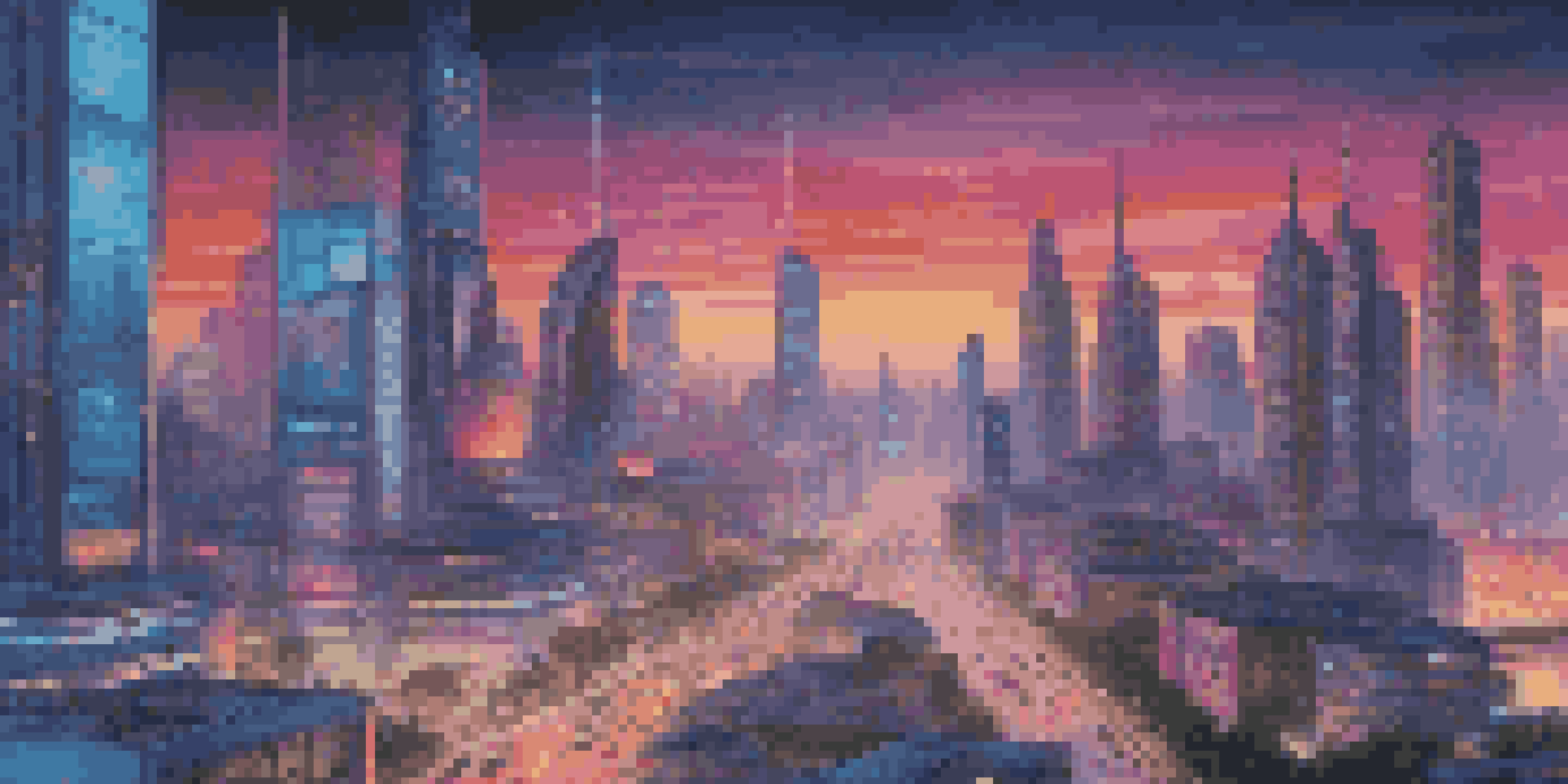 A futuristic city skyline at dusk with neon lights, showcasing skyscrapers and autonomous vehicles, with diverse people using holographic interfaces.
