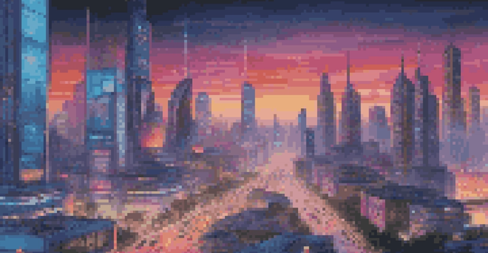 A futuristic city skyline at dusk with neon lights, showcasing skyscrapers and autonomous vehicles, with diverse people using holographic interfaces.