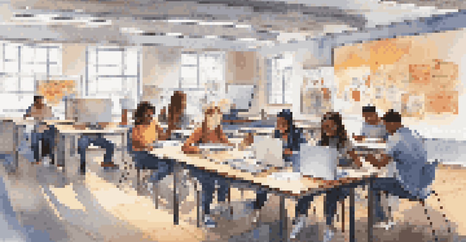 A group of students collaborating on a project at a large table, surrounded by inspiring decor and bright lighting.