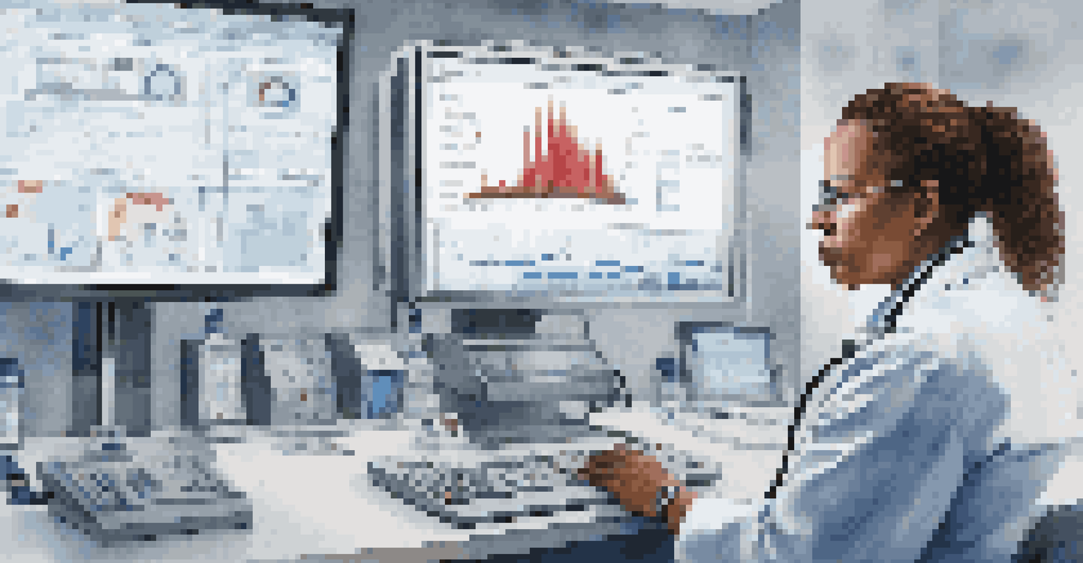 A healthcare professional examining patient data on a computer screen in a clinic, with health metrics displayed and medical equipment in the background.