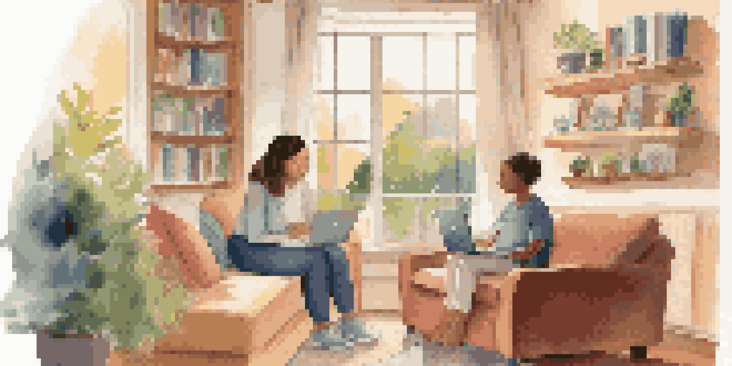 A parent and child having a telemedicine consultation in a cozy living room.