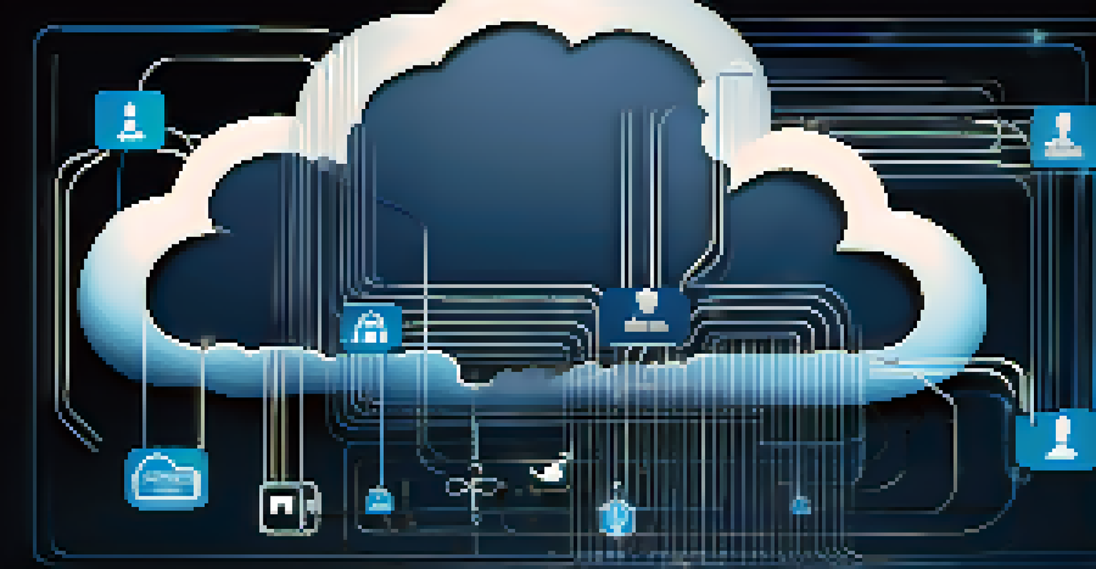 An abstract image depicting cloud security with interconnected cloud icons and locks on a dark blue background, symbolizing security and integration.
