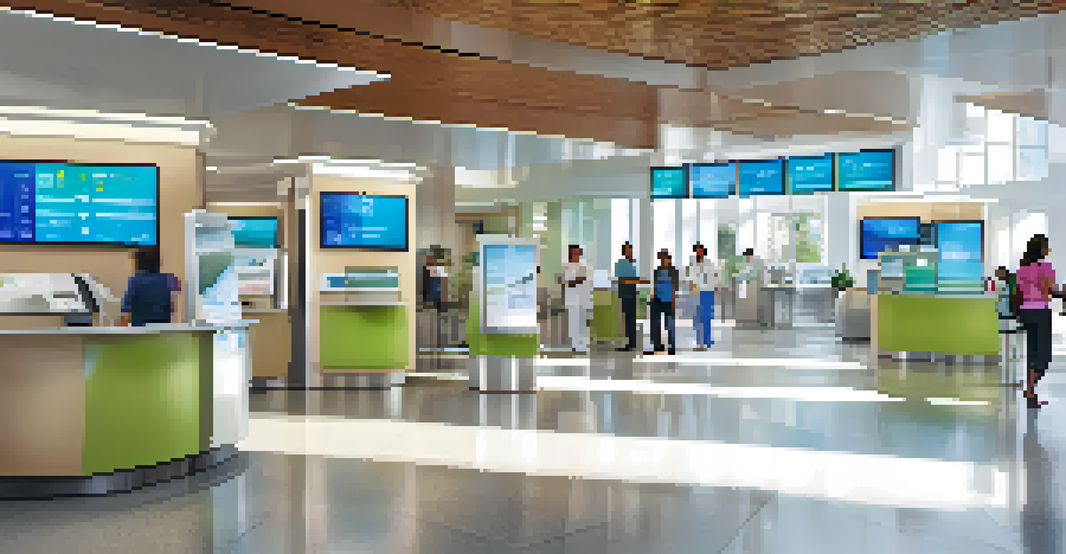A modern hospital lobby with automated check-in kiosks and digital screens, illustrating a high-tech healthcare environment.